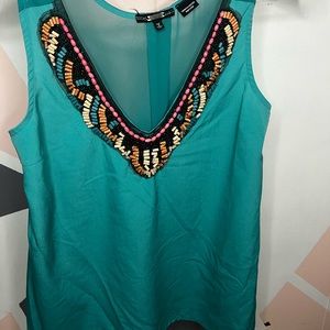 Miss Me sheer Sea Green tank top with Beaded Neck line